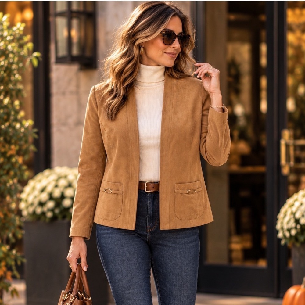 Western Minimalist Faux Suede Jacket Equestrian Luxury Blazer Tan Camel Sz 16